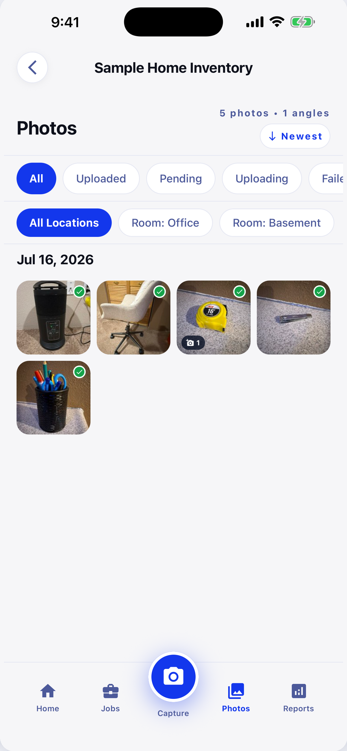 LossVault iOS photo library organized by room