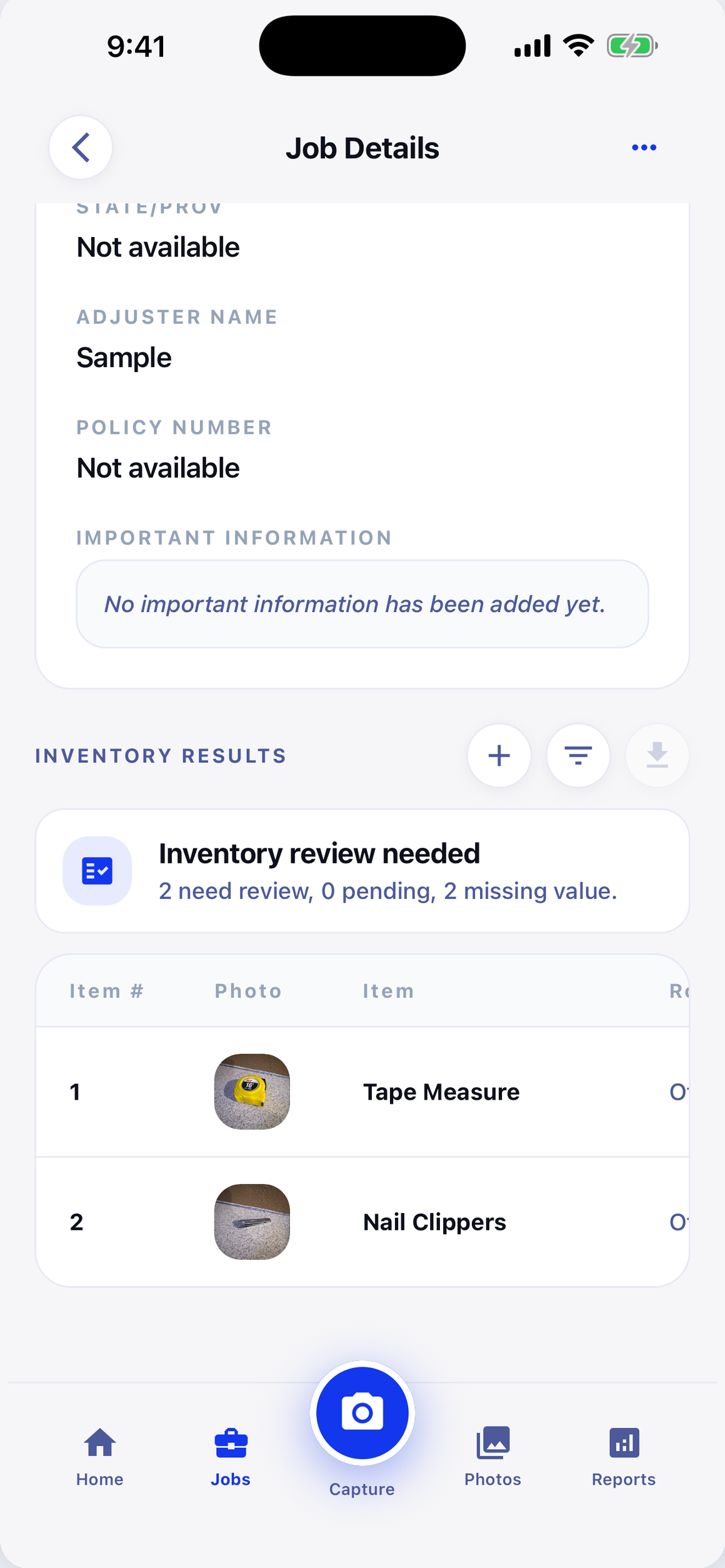 LossVault iOS inventory review screen