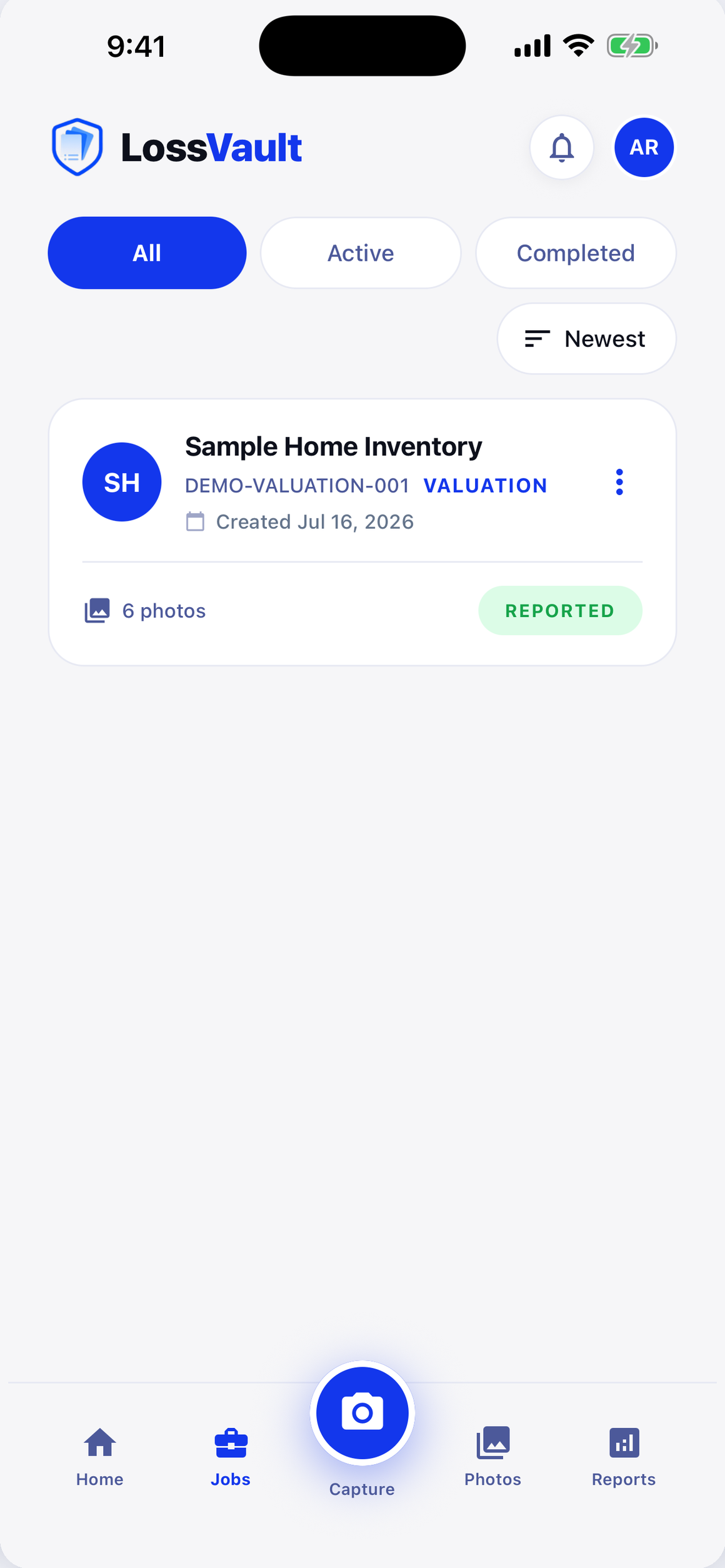 LossVault iOS job list showing an organized sample inventory job